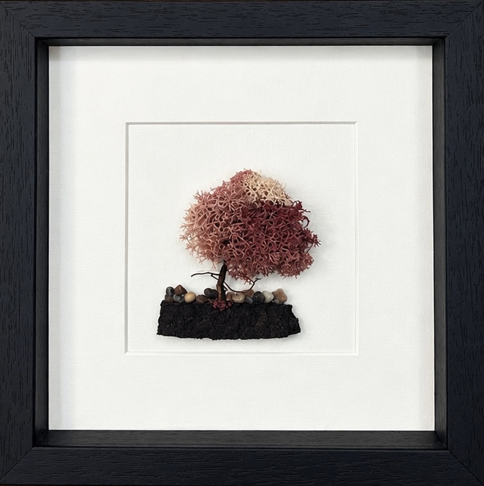 Dusky Pink Preserved Moss Tree with Natural Pebbles – Handmade Irish Art